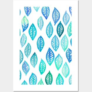 Watercolor Leaf Pattern in Blue & Turquoise Posters and Art